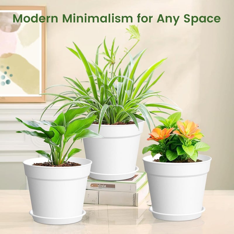 SwinDuck 10 Pack 6 Inch Plant Pots with Drainage and Saucers, White Plastic Flower Pots for Indoor and Outdoor Plants, Stackable Nursery Planters for Houseplants and Herbs, White - Image 3